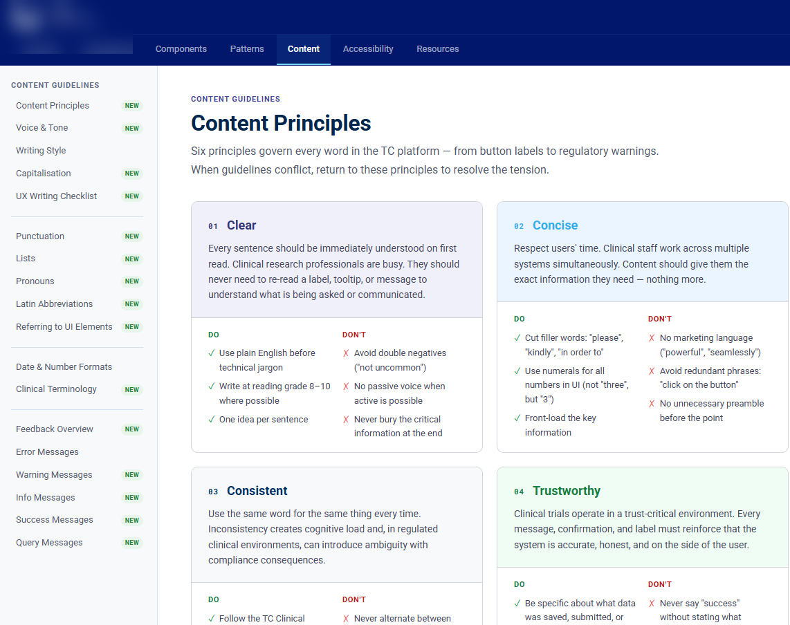 The TrialComplete design system content principles page