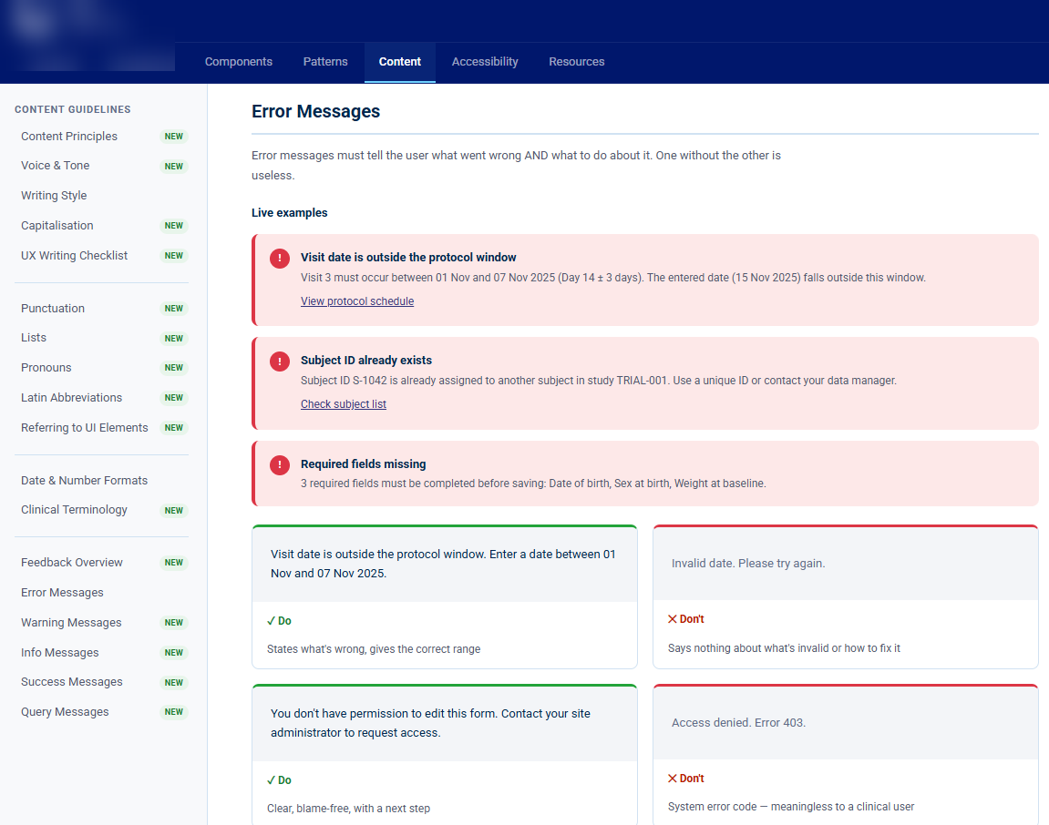 The design system content guidelines page for error messages, with live examples and do and do-not patterns