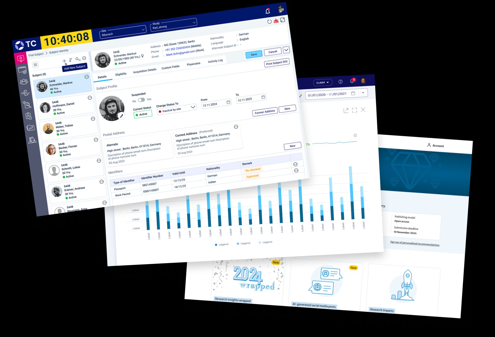 Screens from enterprise platforms designed by Ashish Kumar, including a clinical trial subject record and an analytics dashboard